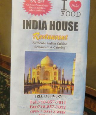 Flyer des Indischen Restaurants und Lieferdienst "India House" in Brooklyn Crown Heights